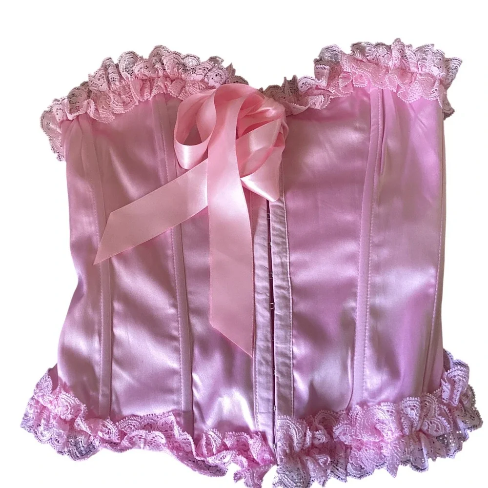 Windsor Women Y2K Pink Satin Coquette Lace Up Ruffle Corset Top Small Festival - Picture 3 of 8
